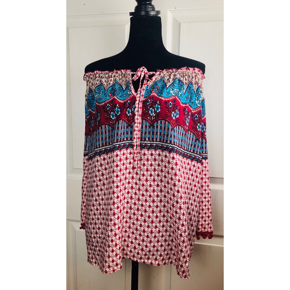 Umgee pink boho off the shoulder tie front top - Picture 2 of 9